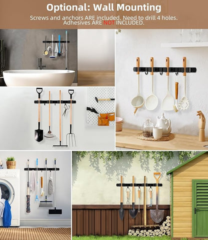 Broom Holder Over The Door - 304 Stainless Steel Mop and Broom Holder Wall Mounted or Hanging Over The Door with Hooks - Broom Hanger, Broom Storage Tool Organizer for Garage Closet Laundry
