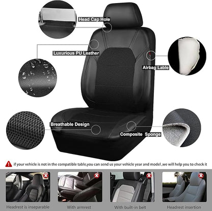 CAR PASS Leather Two Front Car Seat Cover; 4Pcs Waterproof Car Floor Mats & Steering Wheel Cover,Universal Fit Airbag Compatible Automotive Interior Covers (Combo Set, Black)