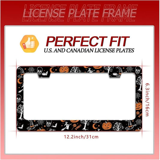 Pumpkin Witch Gothic License Plate Frame Bat Spider Web License Plate Holder Funny Personalise Car Stainless Stee Decorative Parts for Standard Us Canada Vehicles 12x6 Inch for Women Men