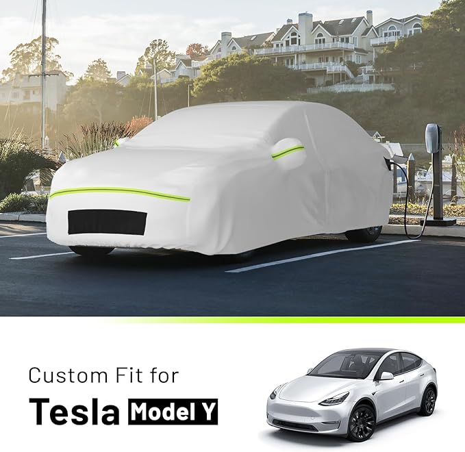 Favoto Car Cover for Tesla Model Y - Custom Fit Vehicle Cover 6 Layers Waterproof All Weather Outdoor Rain Snow Sun Dust Protection with Charging Port Ventilated Mesh Door Zipper