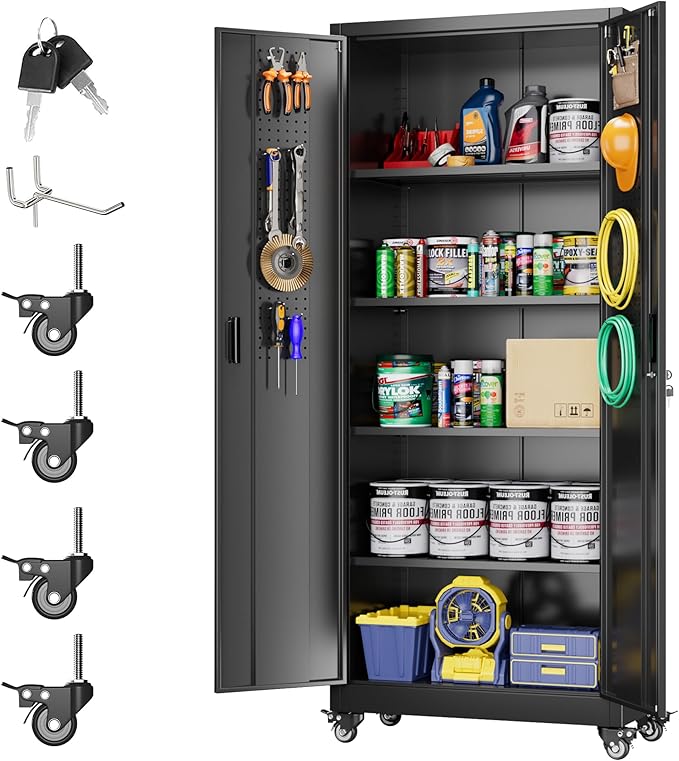 Metal Storage Cabinet with Wheels, Pegboard and 4 Hooks, 73" H Garage Storage Cabinet with 4 Adjustable Shelves and 2 Lockable Doors for Garage Home Office Warehouse, Black, Assembly Required
