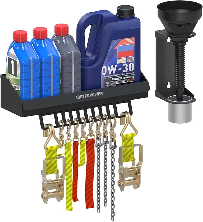 UNITEDPOWER 6 Quart Motor Oil Storage Rack, Bottle Shelf Mount Caddy With Funnel, Enclosed Race Trailer Shop Garage Organizer