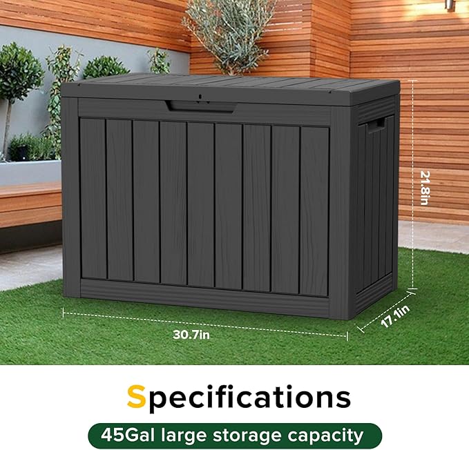 45 Gallon Resin Deck Box, Waterproof Outdoor Storage Bin for Patio, Poolside, and Garden, Lockable & UV-Resistant, Ideal for Small Spaces, Black