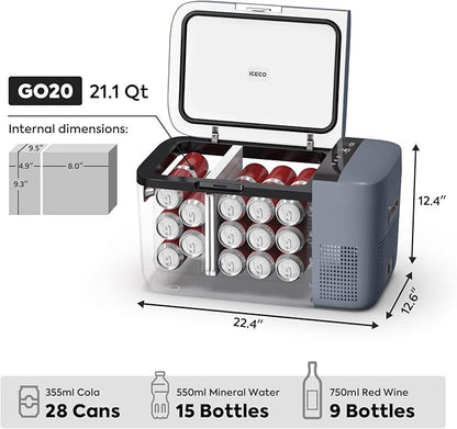 ICECO GO20 Dual Zone 12V Refrigerator, Portable Fridge Freezer with SECOP Compressor, DC 12/24V, AC 100-240V, 0℉ to 50℉, Electric Cooler for Truck, RV, SUV, Outdoor, Driving, 21 Quart, Gray