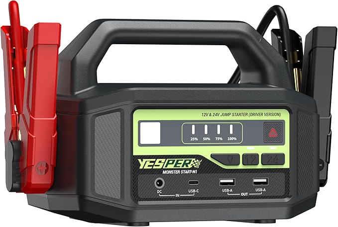 YESPER 12V/24V Car Jump Starter, 6000A Peak 5.1 lbs Portable Jump Starter Battery Pack Quick Charge with AC Adapter 36400mAh Battery Booster Pack (Up to All Gas/Diesel Engine) Jumper Box