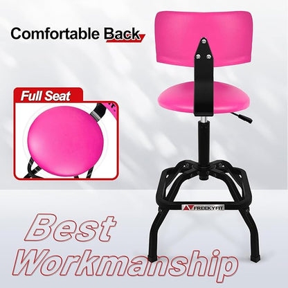 Shop Stool with Backrest, Mechanic Garage Stool for Workshop, Adjustable Shop Stools Chair, Padded Workbench Stools for Men Women, 300 LBS Capacity, 360° Swivel PVC Seat, Heavy Duty, Pink