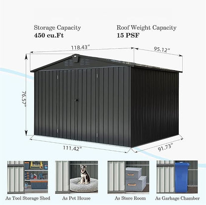 IKERY Galvanized Steel Storage Shed - 10' x 8' with Lockable Door, Extra - Large Metal Garden Shed for Bikes, Tools and Trash Cans, Perfect for Backyard and Patio, Dark Gray