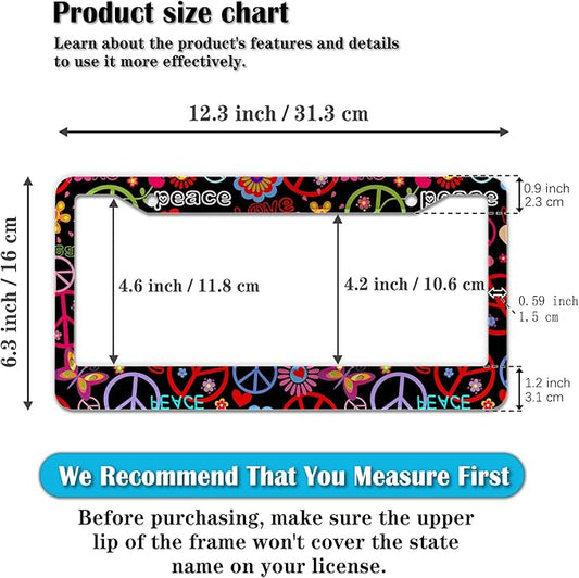 Car License Plate Frame Multicolor License Plate Frames Hippies Peace Flower Aluminum Metal Car Accessory 2 Pack with Screw Covers Set