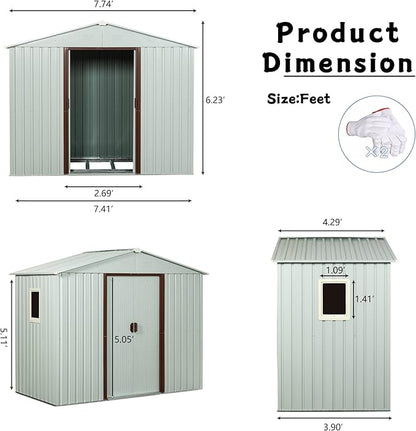 8 x 4 FT Outdoor Storage Shed with Side Window, Metal Garden Shed w/Sliding Doors & Lock, Floor Base and Air Vents, Utility Tool Storage House for Backyard Lawn, White