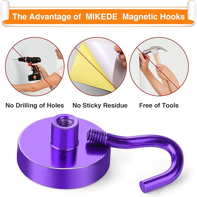 MIKEDE Magnetic Hooks,80LB Heavy Duty Magnets with Hook for Fridge, Super Strong Magnets Neodymium Extra Strength Industrial Hooks for Hanging, Toolbox, Cruise(Purple, 4 Pack)