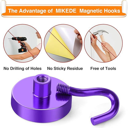 MIKEDE Magnetic Hooks,80LB Heavy Duty Magnets with Hook for Fridge, Super Strong Magnets Neodymium Extra Strength Industrial Hooks for Hanging, Toolbox, Cruise(Purple, 4 Pack)