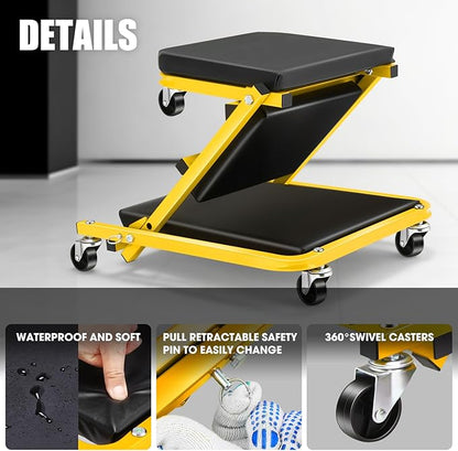 DNA MOTORING 36 Inches 2 IN 1 Rolling Folding Car Creeper/Seat, 6 Pcs 2" Casters, 150kg Weight Capacity, Yellow, TOOLS-00185-YL