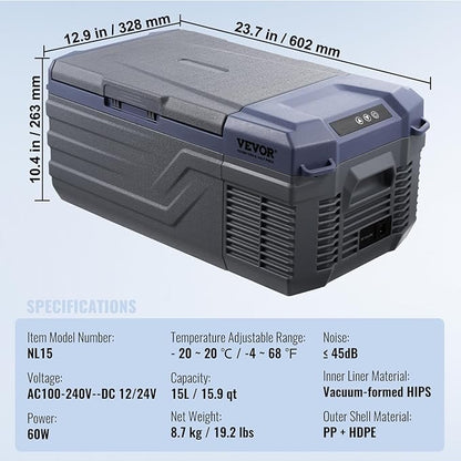 VEVOR 12 Volt Car Refrigerator Fridge, 15 L Single Zone Portable Freezer, -4℉-68℉ Adjustable Range, 12/24V DC and 100-240V AC Compressor Cooler for Outdoor, Camping, RV, Grey