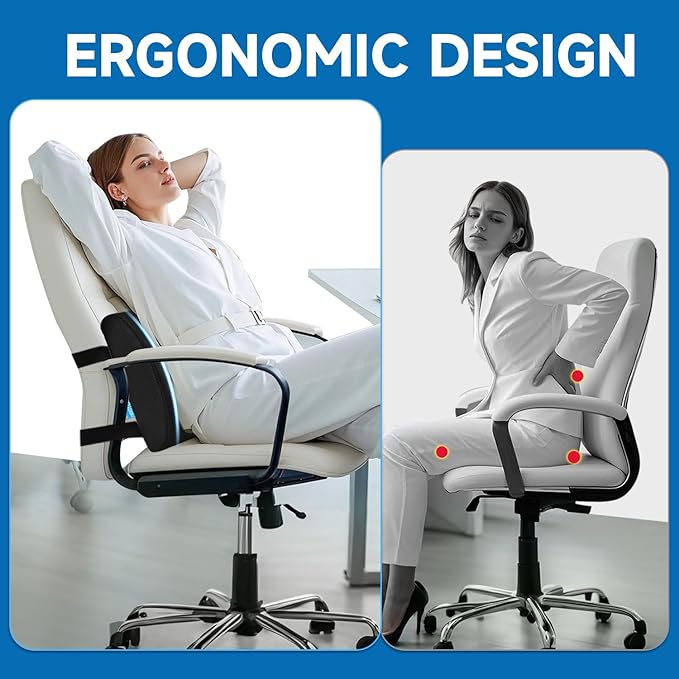 Lumbar Support Pillow for Office Chair, College Dorm Room Essentials, Memory Foam, Lower Back Support for Car, Back Pain Relief, Back Cushion for Chair with Adjustable Strap and Mesh Washable Cover