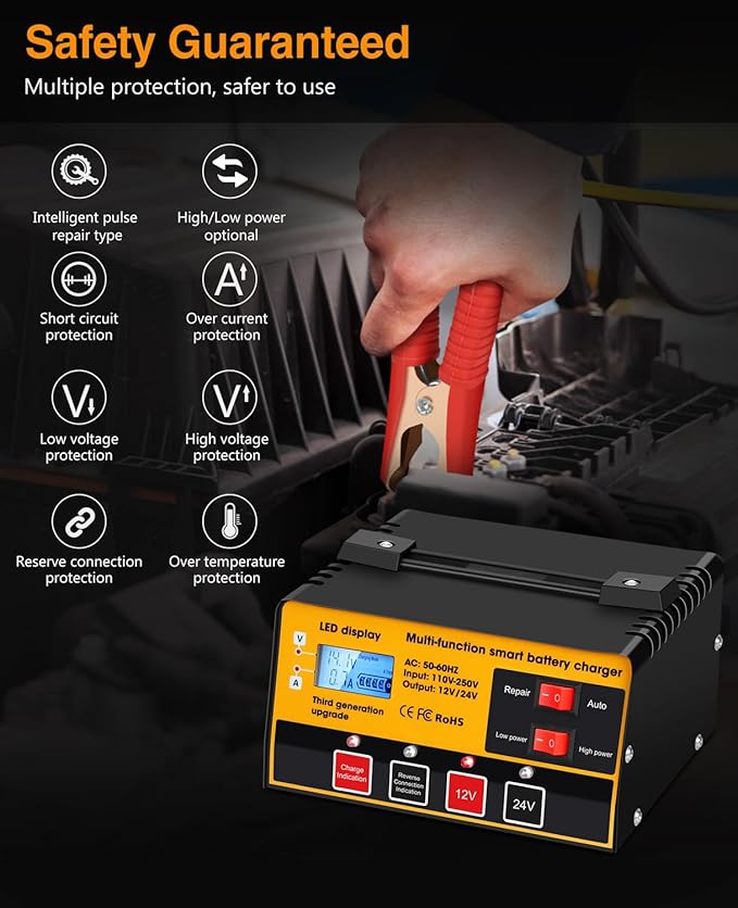 Outerman Car Battery Charger,12V-12A/24V-8.5AMH Smart Automatic Battery Charger,High/Low Power Trickle Charger Battery Maintainer and Desulfator,for Motorcycle Lawn Mower Marine Lead Acid Batteries