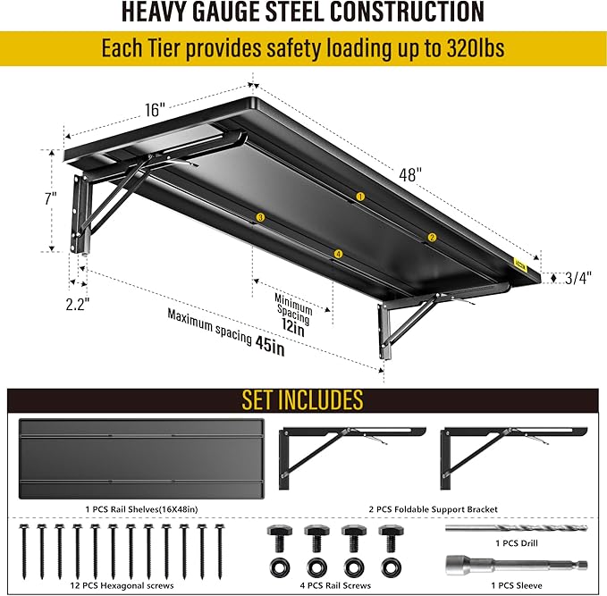 1.3x4ft Adjustable Rail Type Folding Storage Rack Shelf, Suitable for Garage, Storage Room, Kitchens Wall Shelf,Garage Storage Rack Floating Shelves, Wall Mounted Folding Table(1pcs-Black)