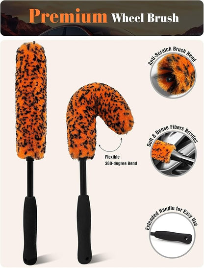 7PCS Motorcycle Cleaning Kit, 2-Size Bendable Wheel Brush, Tire and Chain Brush, Detailing Brush, Microfiber Towel and Car Wash Mitt for Car Wheels Motorcycle Dirt Bike Detailing Wash Kit