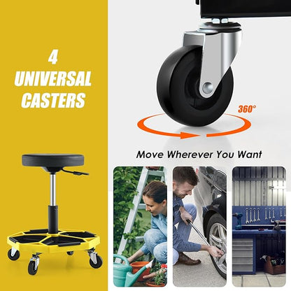 Goplus Mechanic Stool, Rolling Garage Chair with 16”-22” Adjustable Height, Removable Magnetic Tool Tray, 2” Thick Padded Cushion, Universal Wheels, 330LBS, Roller Creeper Seat (Yellow & Black)