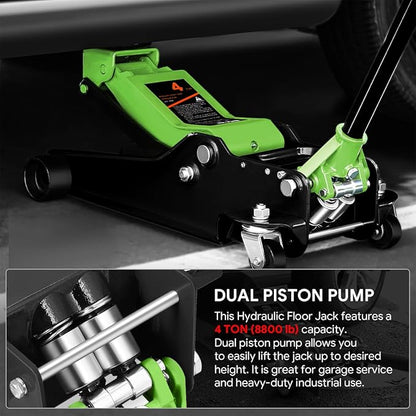 DNA MOTORING Low Profile Hydraulic Trolley Service/Floor Jack, 4 Ton (8000 lbs) Capacity, Lifting Range 4.5"-20", Green, TOOLS-00307-GR