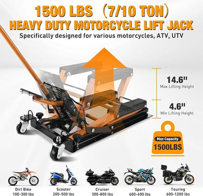 Nilight Motorcycle Lift Jack 1500 LBS Hydraulic Lifts ATV Scissor Jacks with Wheel Foot Pedal Handle Ratchet Belt Heavy Duty Lifter Stand Hoist Table for Dirt Bike Garage Storage Repair Tool,Orange