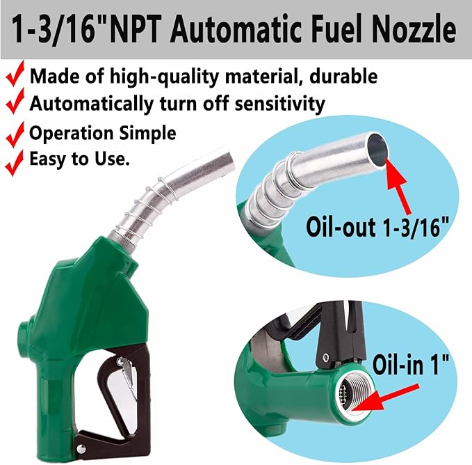 1-3/16"Automatic Fuel Nozzle,Car Fuel Filling Nozzle,Auto Shut-Off Fuel Nozzle, High Flow Automatic Fuel Nozzle, Suitable for Filling Diesel,Kerosene and Various Gasoline(inlet 1”NPT,32GPM)