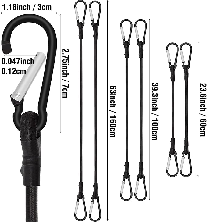 6 Piece Bungee Cords with Hooks - Heavy Duty Outdoor Bungee Cord Includes 24", 40", 60", Extra Strong Carabiner Bungee Cord with Metal Hook for Camping, Tarps, Bike Rack, Tent, Car