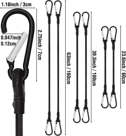 6 Piece Bungee Cords with Hooks - Heavy Duty Outdoor Bungee Cord Includes 24", 40", 60", Extra Strong Carabiner Bungee Cord with Metal Hook for Camping, Tarps, Bike Rack, Tent, Car