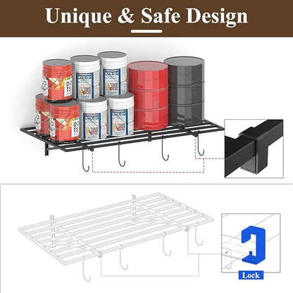 PEKGRIL Garage Wall Shelving Set of 2, 2X4 ft, Black, Contemporary Style, Heavy Duty, 2 Shelves, 8 Hooks, 260 lbs Capacity Each, Wall-Mounted, Metal, Alloy Steel, 2 Count