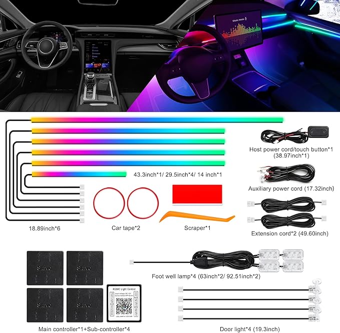 Dreamcolor Acrylic Interior Car LED Strip Light with Wireless APP, RGB 14 in 1 with 175 inches 612 LEDs Fiber Optic Strip Lights for Car, Dual Zone Music Sync Neon Car Ambient Lighting Kits