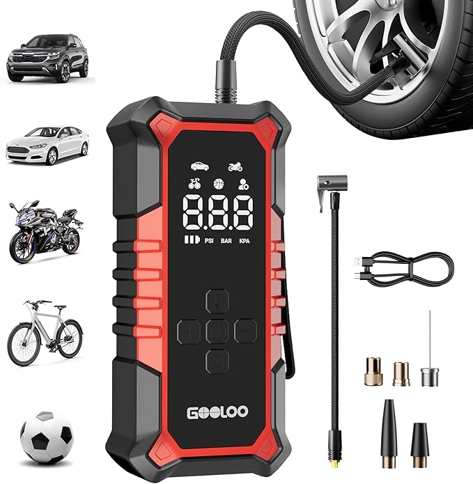 GOOLOO A6 Gear Tire Inflator Portable Air Compressor, 160 PSI Cordless Tire Inflator with Digital Pressure Gauge ＆LED Light, Air Pump for Car Tires, Bike, Motorcycle, Balls
