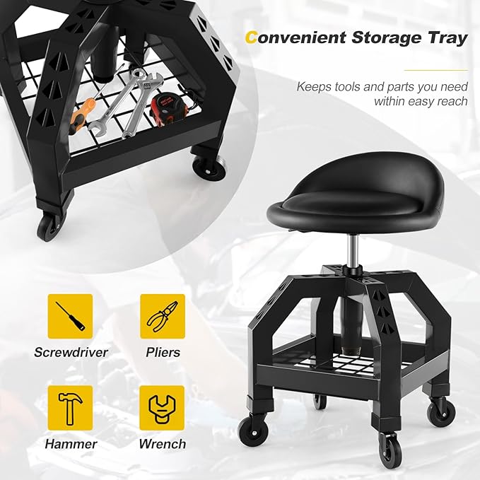 Goplus Rolling Garage Stool, 22.5”-27.5” Adjustable Mechanic Chair with Padded Seat, 330LBS Capacity, Tool Tray, Heavy Duty Creeper Seat, 360° Swivel Shop Stool for Workshop