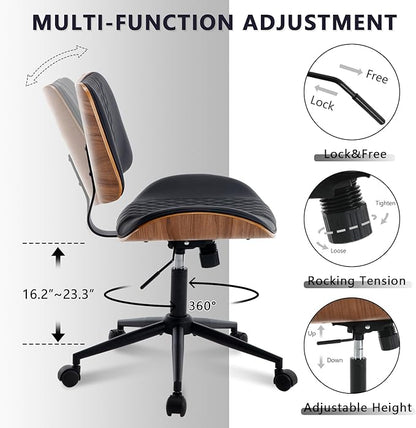 Home Office Chair No Arms with Wheels, Adjustable Height Small Desk Chair, PU Leather Mid Back 360 Swivel Computer Chair, Armless Modern Walnut Chair for Office, Reading Meeting Room(Black)