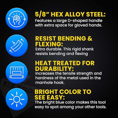 T&T Tools 30-Inch Manhole Hook Tool - Heavy Duty Single Hook for Lifting Manhole Covers, Storm Drains, Septic Tank Risers - Rigid Hex Alloy Steel Tool for Lifting, Pulling, and Removing Covers-4 Pack
