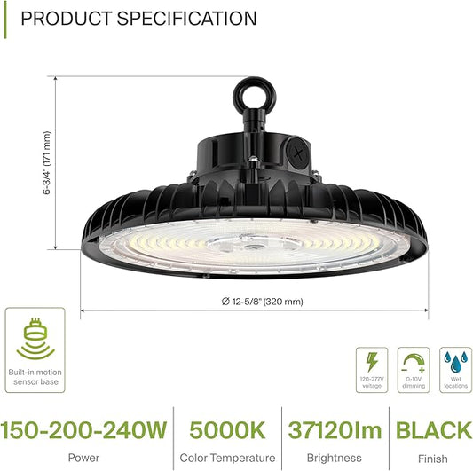 ASD LED High Bay UFO Light Fixture, Commercial Shop Lighting | Dimmable, IP69K Waterproof, DLC Premium, UL Listed | 240W 37000LM 5000K 100-277V | Warehouse, Garage, Workshop, Barn Lamp | Black
