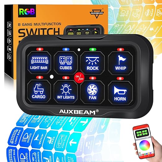 Auxbeam 8 Gang Switch Panel AR-820 Bluetooth RGB Switch Pod Automatic Dimmable Multifunction Switch w/Toggle Momentary Pulsed Control Panel for UTV ATV Truck Car RV Boat Waterproof 2 Years Warranty