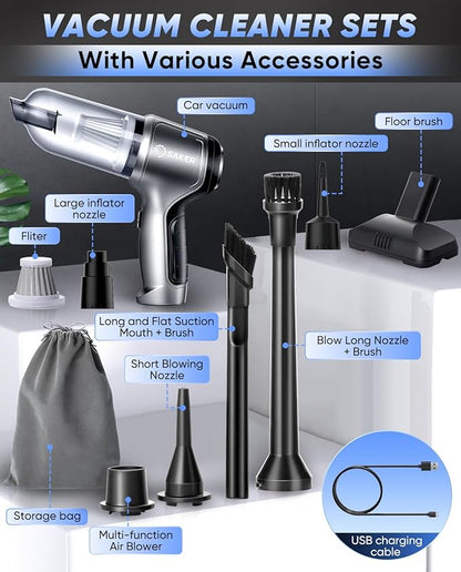Saker Car Vacuum Portable Cordless 3 in 1 Handheld Car Vacuum 15000PA High Power with Brushless Motor and TypeC for Cars,Office,Home Cleaning HL107B