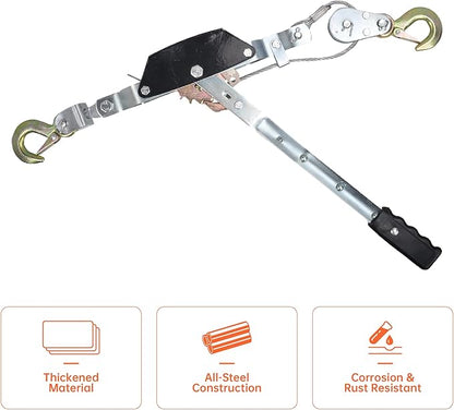 2 Ton Heavy Duty 2 Hook Steel Cable Dual Gear Power Puller Come Along Chain Winch Ratchet Tool, Automotive Hoist Hand Winch Cable Puller Stretcher Lift