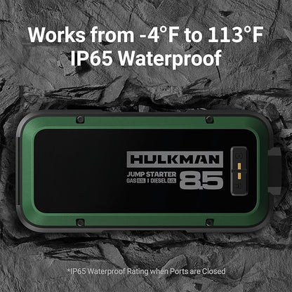 Hulkman Alpha85,Midnight Green,2000A 74Wh Smart Jump Starter,12V Portable Car Battery Booster with 3.3" Display,USB-C Power Pack,Includes 65W Wall Charger,Jumper Cables for up to 8.5L Gas/6.0L Diesel