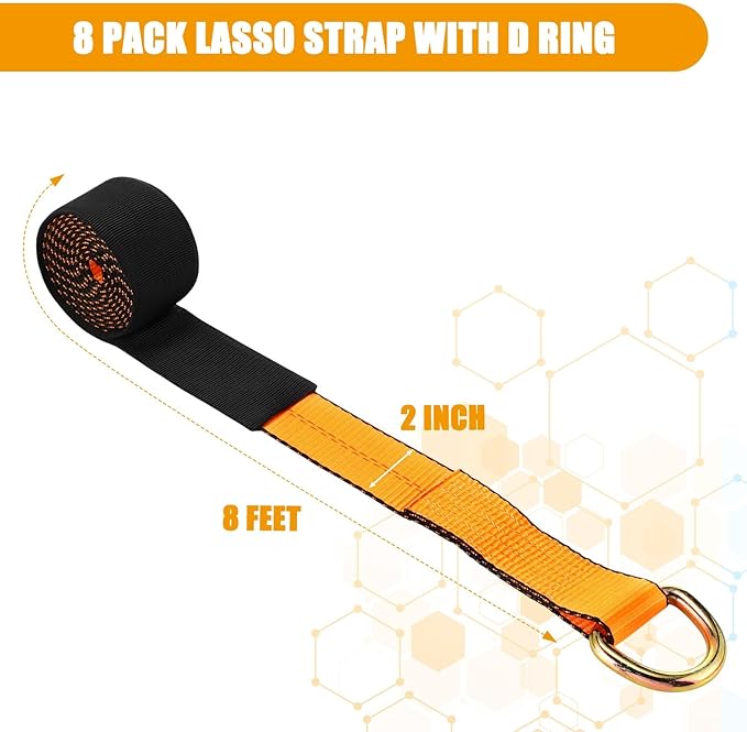 8 Pack 2'' X 8ft Tow Truck Straps Lasso Wheel Lift Straps Lasso Tow Strap with D Ring 11, 000 Lbs Break Strength Auto Tie Down Auto Hauler for Trailer Truck Tie
