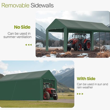 GOJOOASIS 10x20 Carport Heavy Duty Portable Garage Shelter Metal Car Canopy Tent with UV-Resistant & Weatherproof Top Cover for RV & Vehicles (Green, 10x20 with sidewalls)