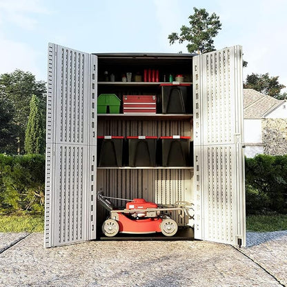 KINYING Outdoor Storage Shed Waterproof, Resin Vertical Storage Cabinet Double-Layered, Versatile to Store Patio Furniture, Garden Tools, Pool Accessories,Mower (66 Cu.ft,White)