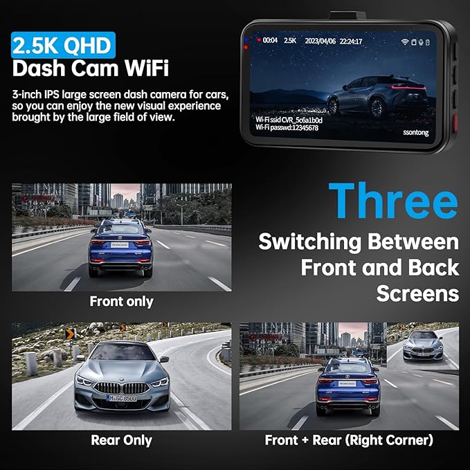 Dash Cam Front and Rear, Dash Camera for Cars WiFi/APP Control Dual Dashcam W/ 64GB Card, 2.5K Dash Cam Front+1080P Rear Car Camera W/Super Night Vision, Loop Recording, G-Sensor, Max Support 256GB