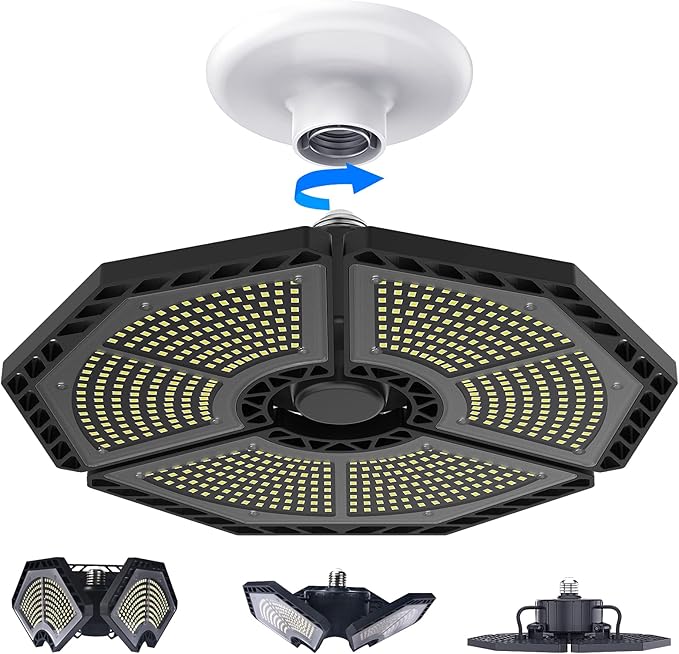 LED Garage Lights, 140W 18500 Lumens Garage Ceiling Lighting, 6000K Daylight with Deformable Three Panels Garage Light Fixture E26/E27 Triple Glow LED Shop Light for Garage Basement Workshop Warehouse
