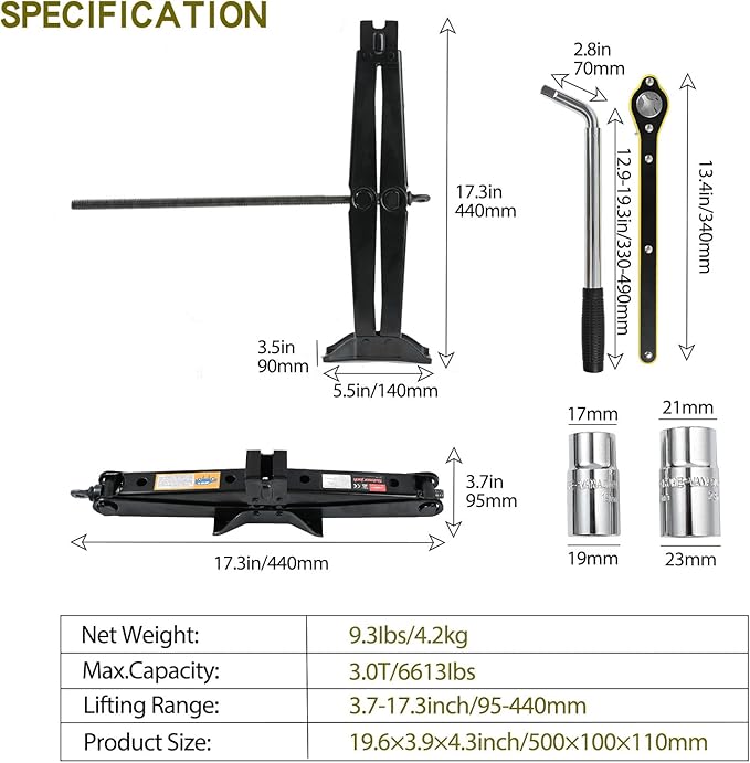 Scissor Jack Car Jack Kit 3 Tons (6,613 lbs) Universal Tire Jack Changing Kit - Extra Wide Base - Portable Car Emergency Kit with Lug Wrench for Sedan Truck SUV MPV (3T)