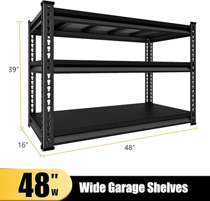 48" W Garage Shelving Heavy Duty, 1500LBS Loads Shelving Units and Storage Racks, 3-Tier Metal Garage Storage Shelves, Industrial Utility Shelf Heavy Duty,48" Wx16 Dx39 H, Black