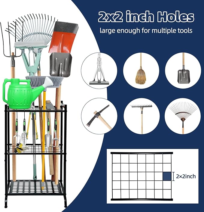 Garden Tool Organizer and Storage, Yard Tool Organizer for Garage Up to 41 Tools, 3-tire Yard Tool Holder Holding Long Handled Tools for Shed Garden Outdoor