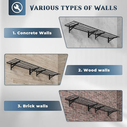 2 Pack Heavy Duty Garage Wall Shelving Set (1.5x4ft), Wall Mounted Garage Shelves 500lbs Capacity, 18"x48" Shelf Storage Rack Floating Shelves, Black