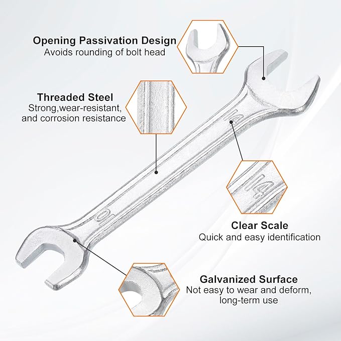 HARFINGTON Double Open End Wrench 10mm x 14mm Metric 15 Degree Offset Angle Small Flat Head Wrench Galvanizing Open Ended Spanner for Automotive Repair Furniture Assembly