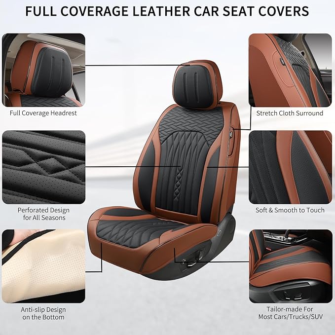 Car Seat Covers Full Set, Leather Seat Covers for Cars, Car Seat Protector Waterproof, Non-Slip Car Interior Covers Fit for Most Cars, SUV, Vans, Trucks,2Seaters,Full Set,Brown-Black,COMFDRIVE-A03