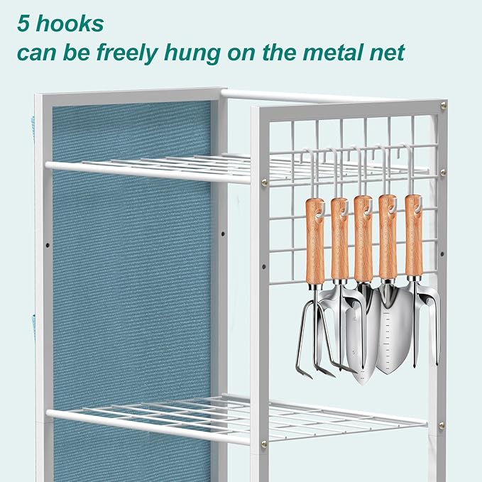 YBING Garden Tool Organizer, Yard Tool Stand with Side Storage Pockets, Yard Tower Rack for Garage Storage, Freestanding Tools Organizers and Storage for Shed, White